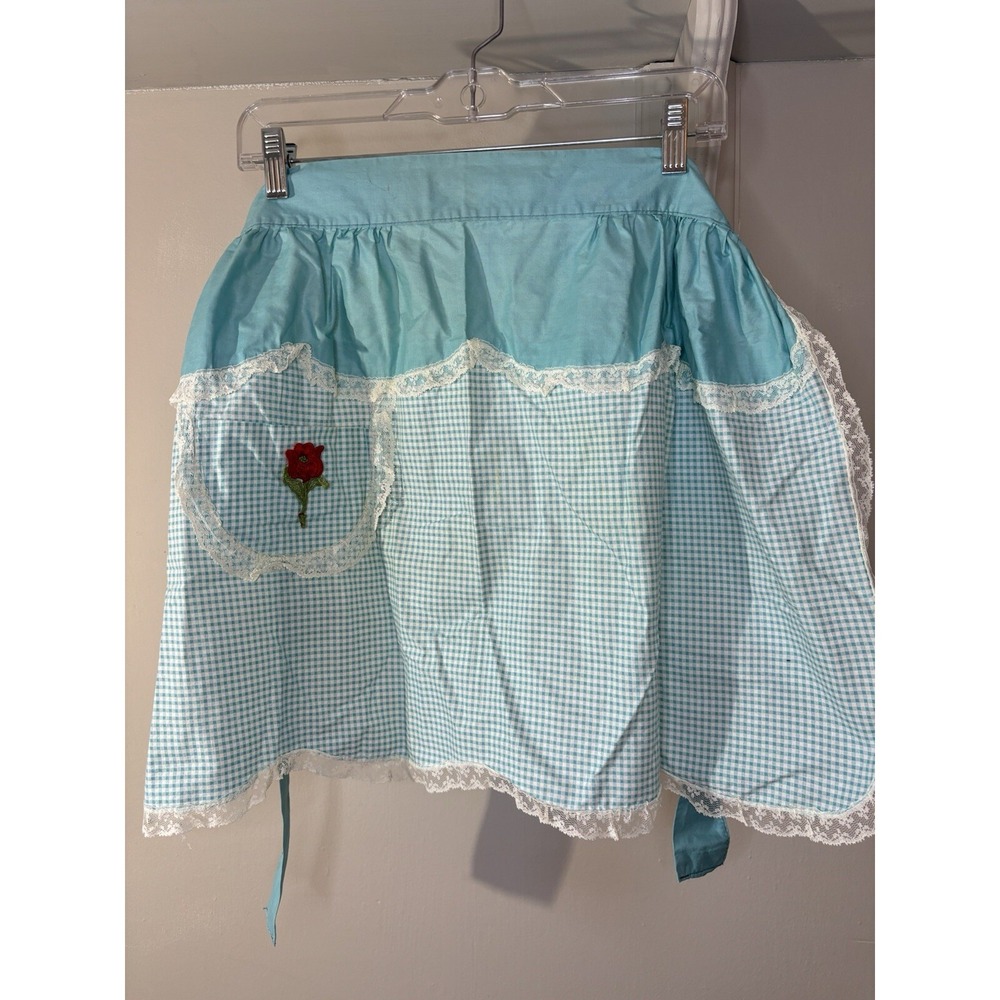VTG Blue & White Gingham Lace Trim Apron 50's